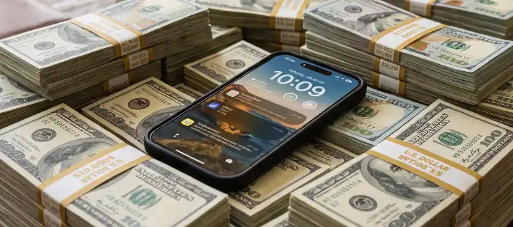 Mobile device surrounded by stacks of money