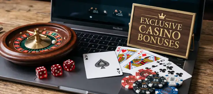 Roulette wheel, dice, cards, casino chips resting on a laptop with sign "Exclusive Casino Bonuses"  