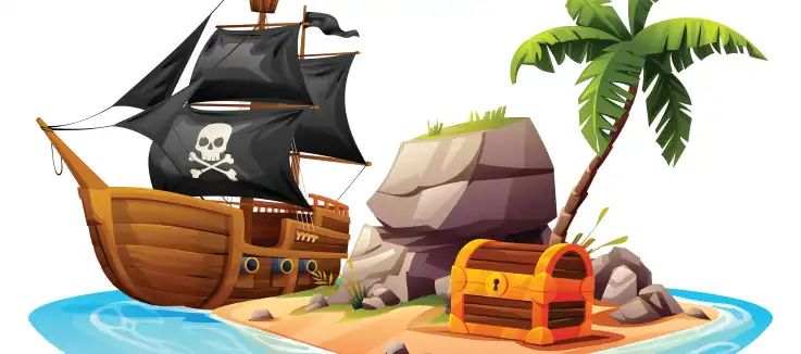 pirate ship and loot on a desert island