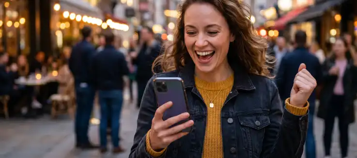 happy woman looking at her mobile device in celebration 