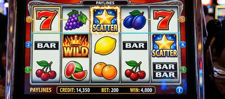 slot machine reels showing fruit, 7s, Scatter, Wild, and Bar